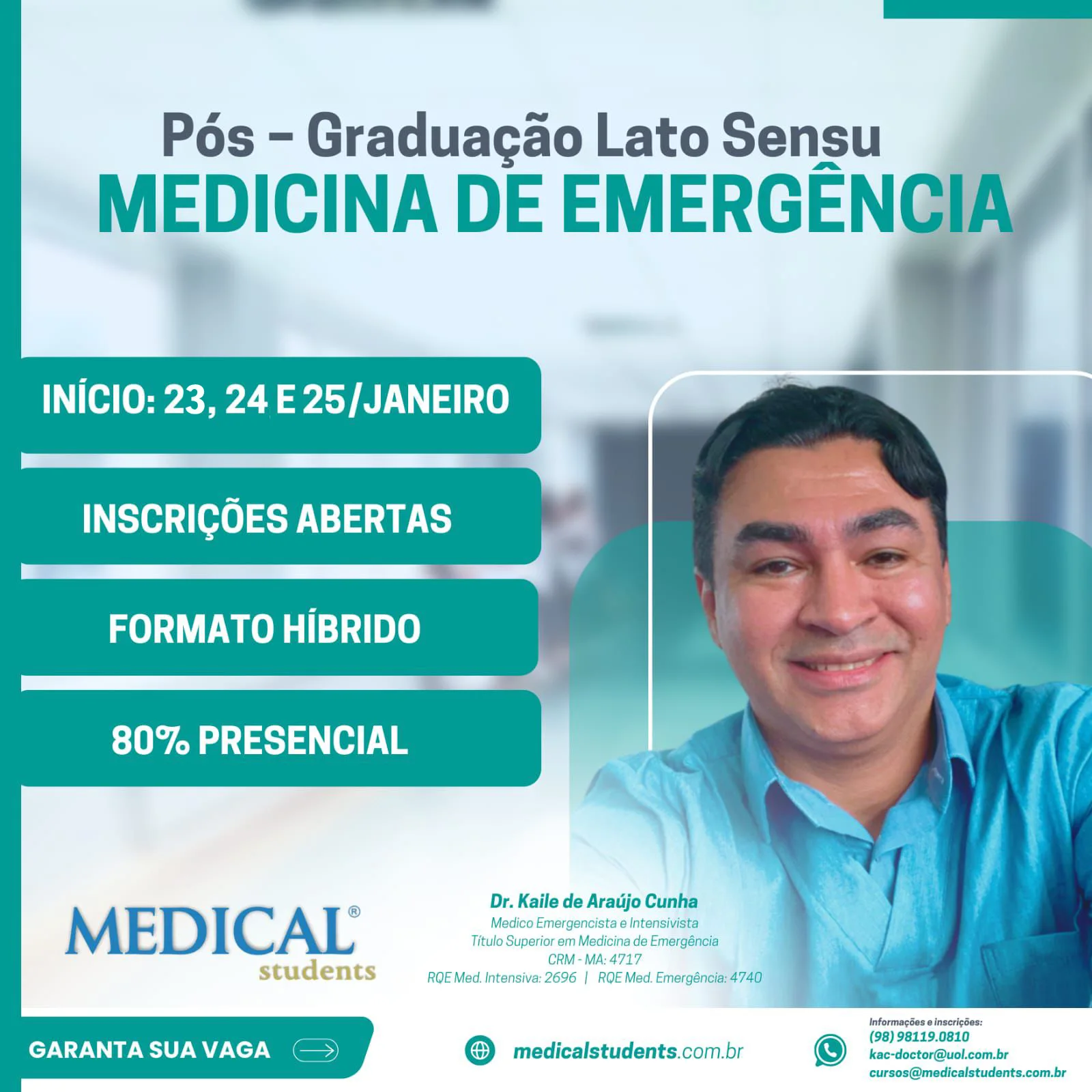 Pós-Graduação Lato Sensu em Medicina de Emergência — início 23, 24 e 25 de janeiro, inscrições abertas, formato híbrido, 80% presencial